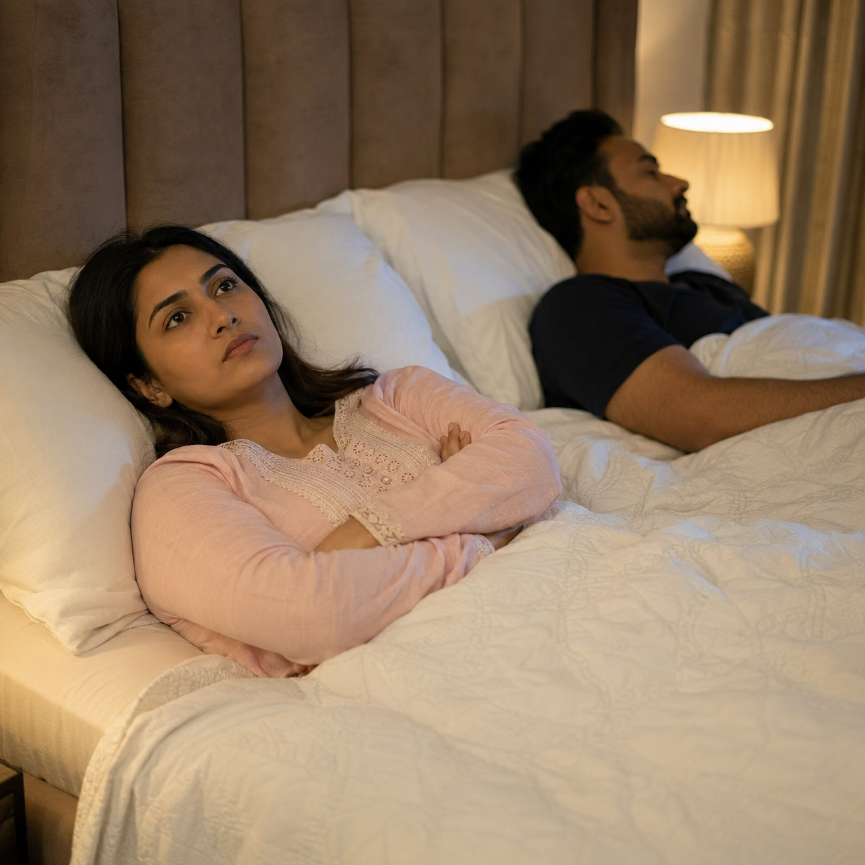 Pakistani couple experiencing emotional distance in a quiet home setting