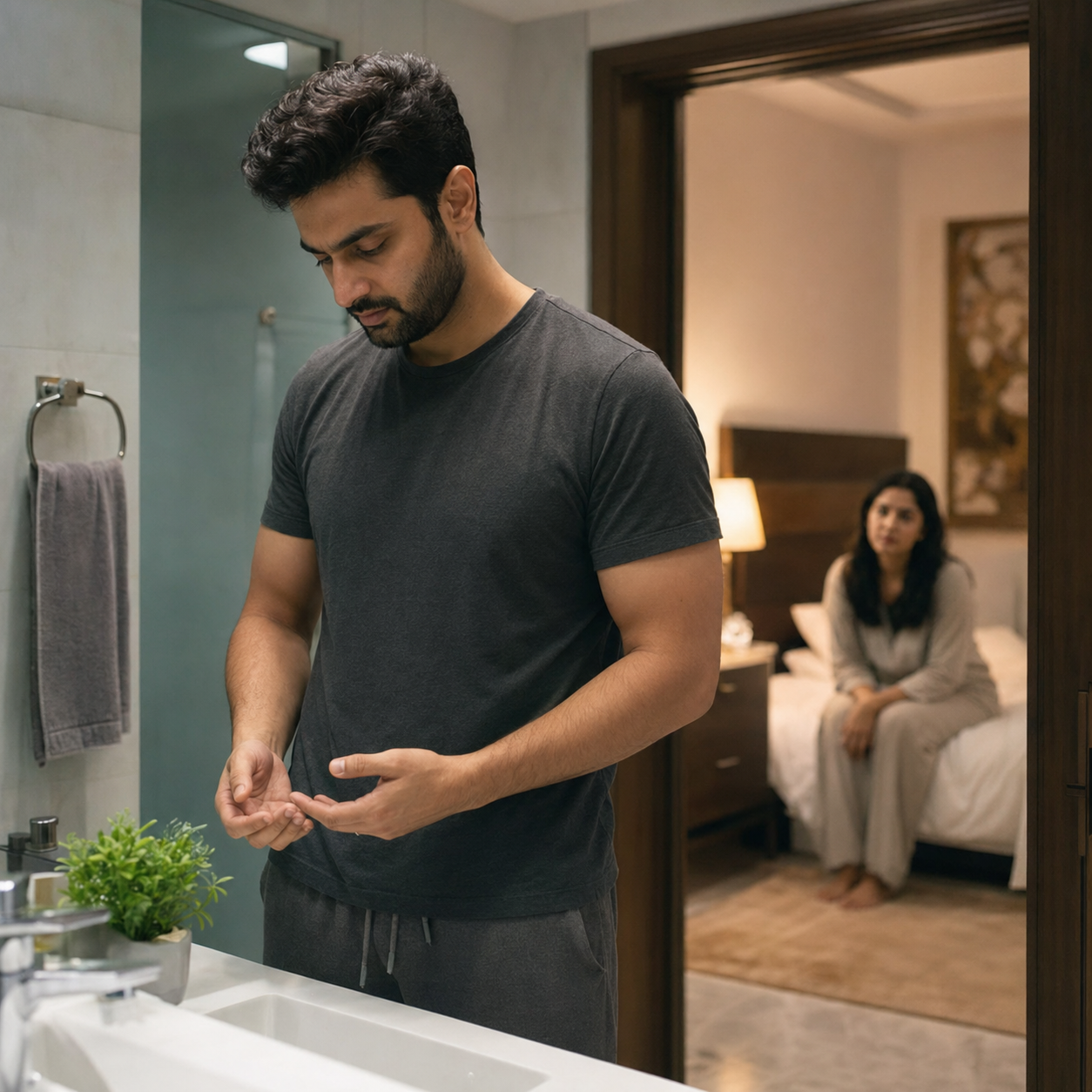 Pakistani man reflecting privately with self-doubt during a difficult period