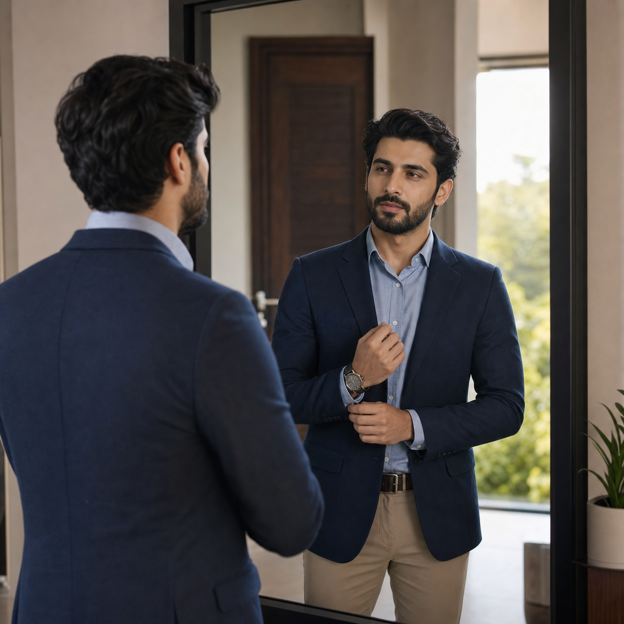 Pakistani man looking composed in a mirror before stepping out