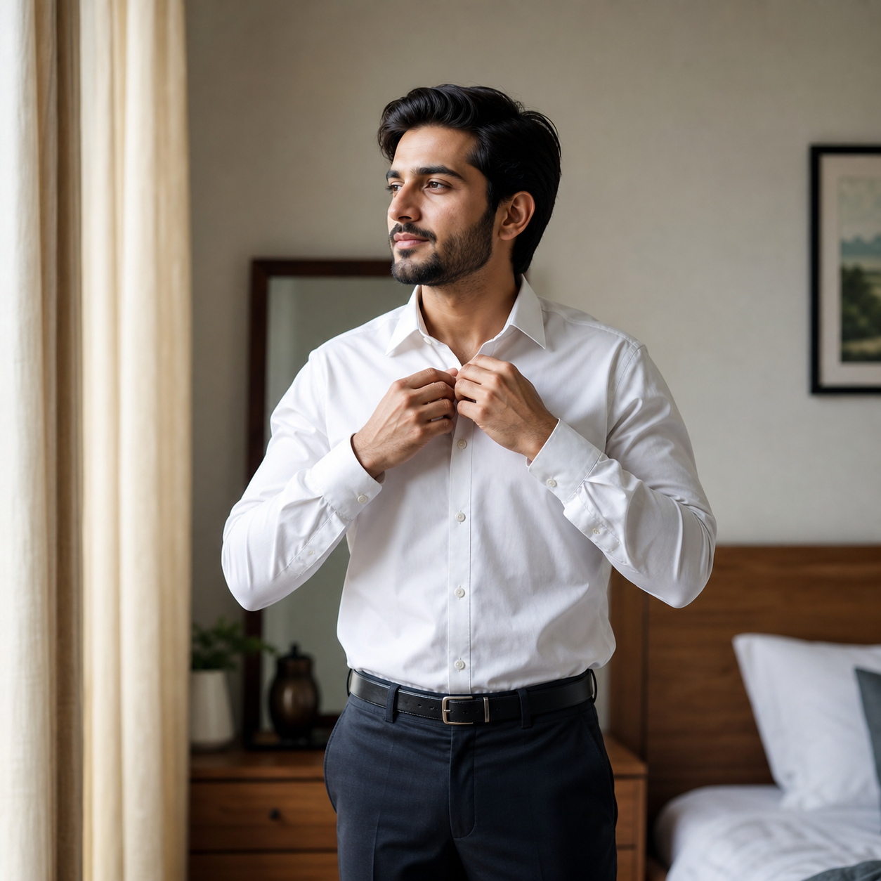 Pakistani man preparing confidently for the day in warm morning light