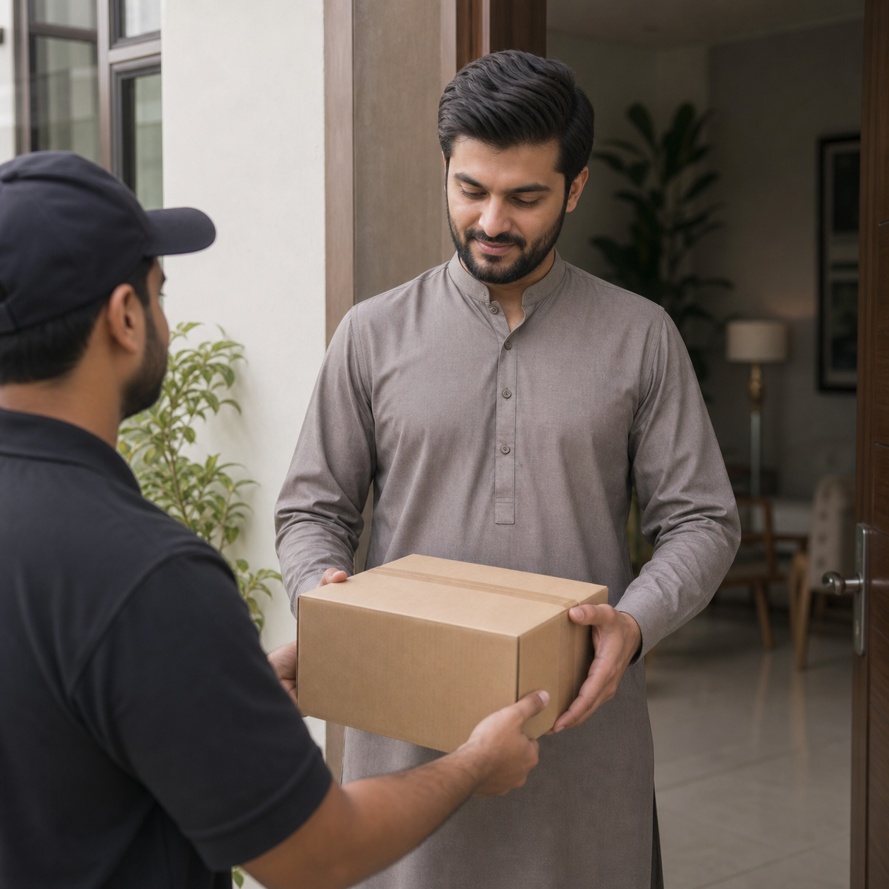 Pakistani man privately receiving a discreet sealed parcel at home